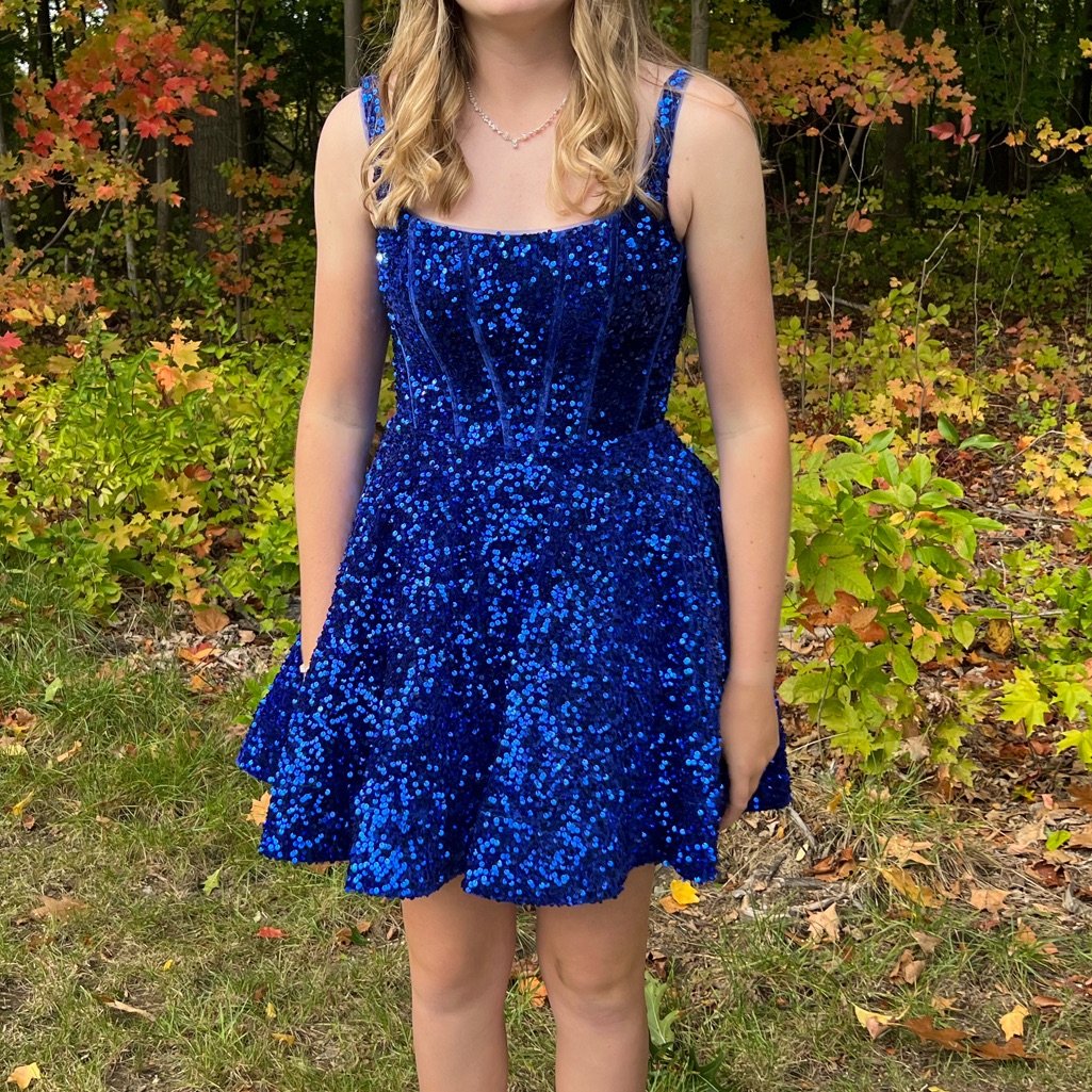 Amarra Homecoming Blue Sequin Mini Dress